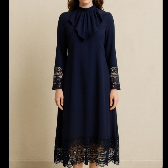 SHEIN Dresses & Skirts - SHEIN Navy Smocked Midi Dress Ruffle Collar Lace Trim XS